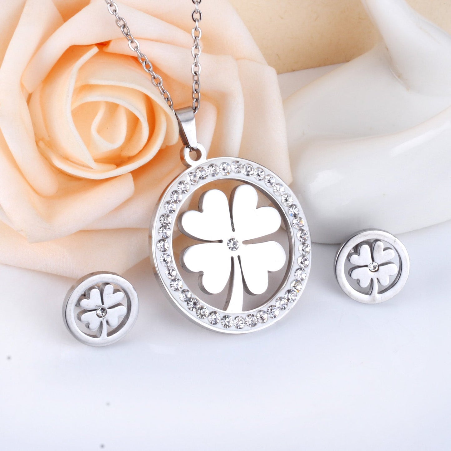 Steel/Golden Smooth Partial Surface Stick Diamond Wispy Small Flower Cut Jewelry Set asonjewelry