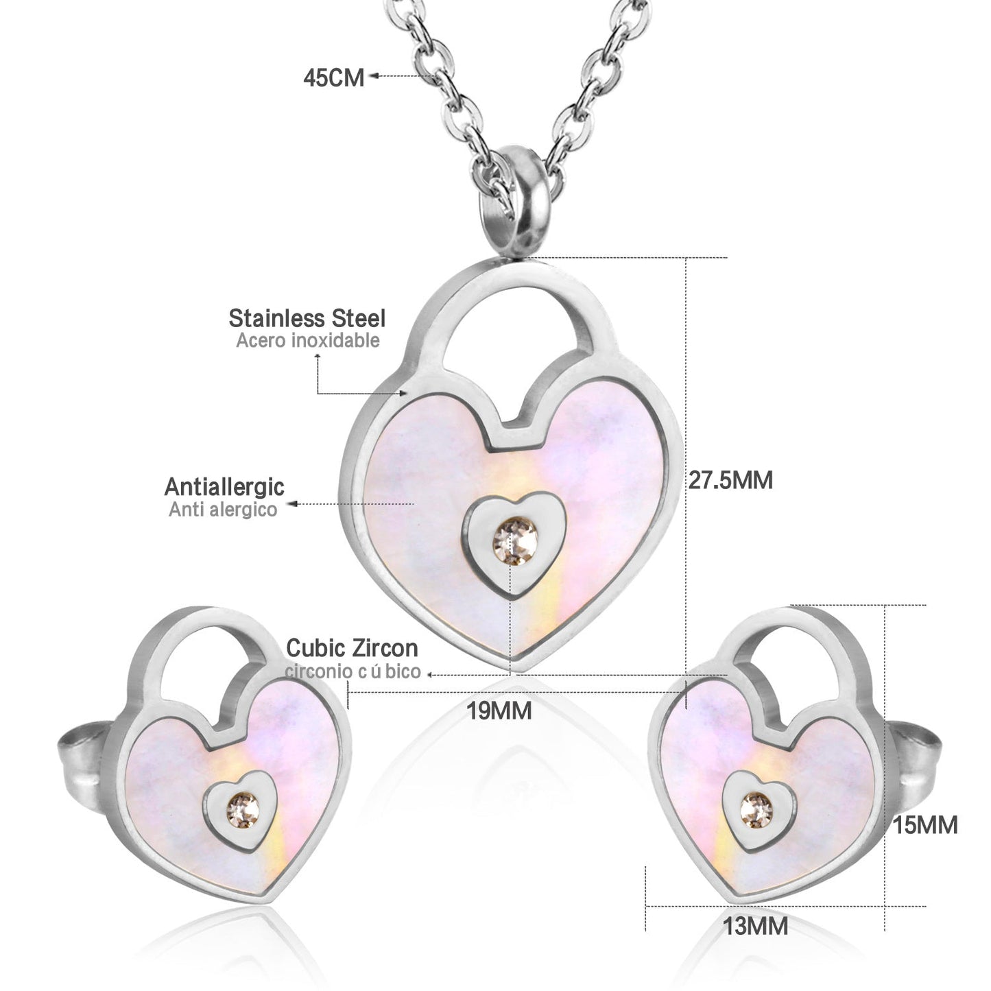 Gold/Steel Heart Shape Hand Basket White Shell with Diamonds Jewelry Set asonjewelry