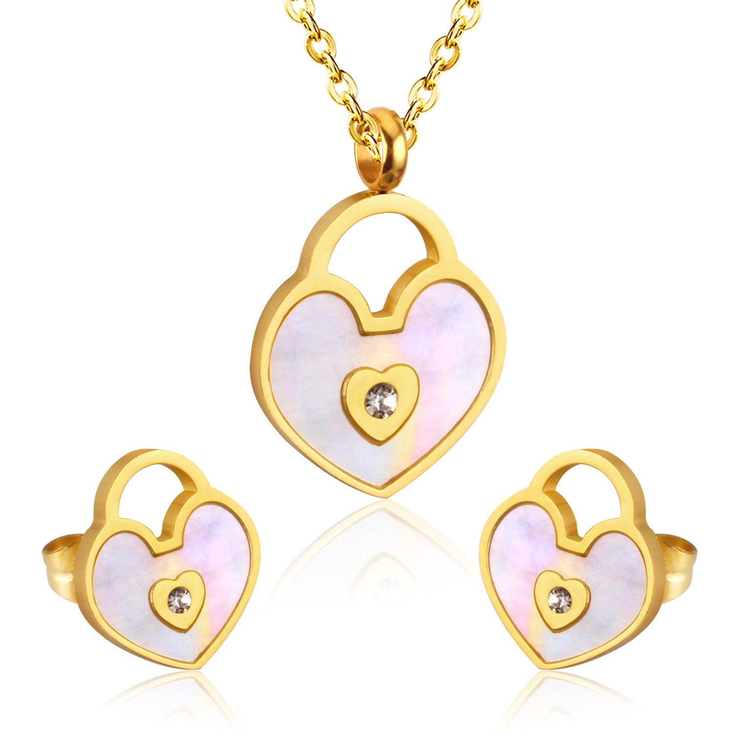 Gold/Steel Heart Shape Hand Basket White Shell with Diamonds Jewelry Set asonjewelry