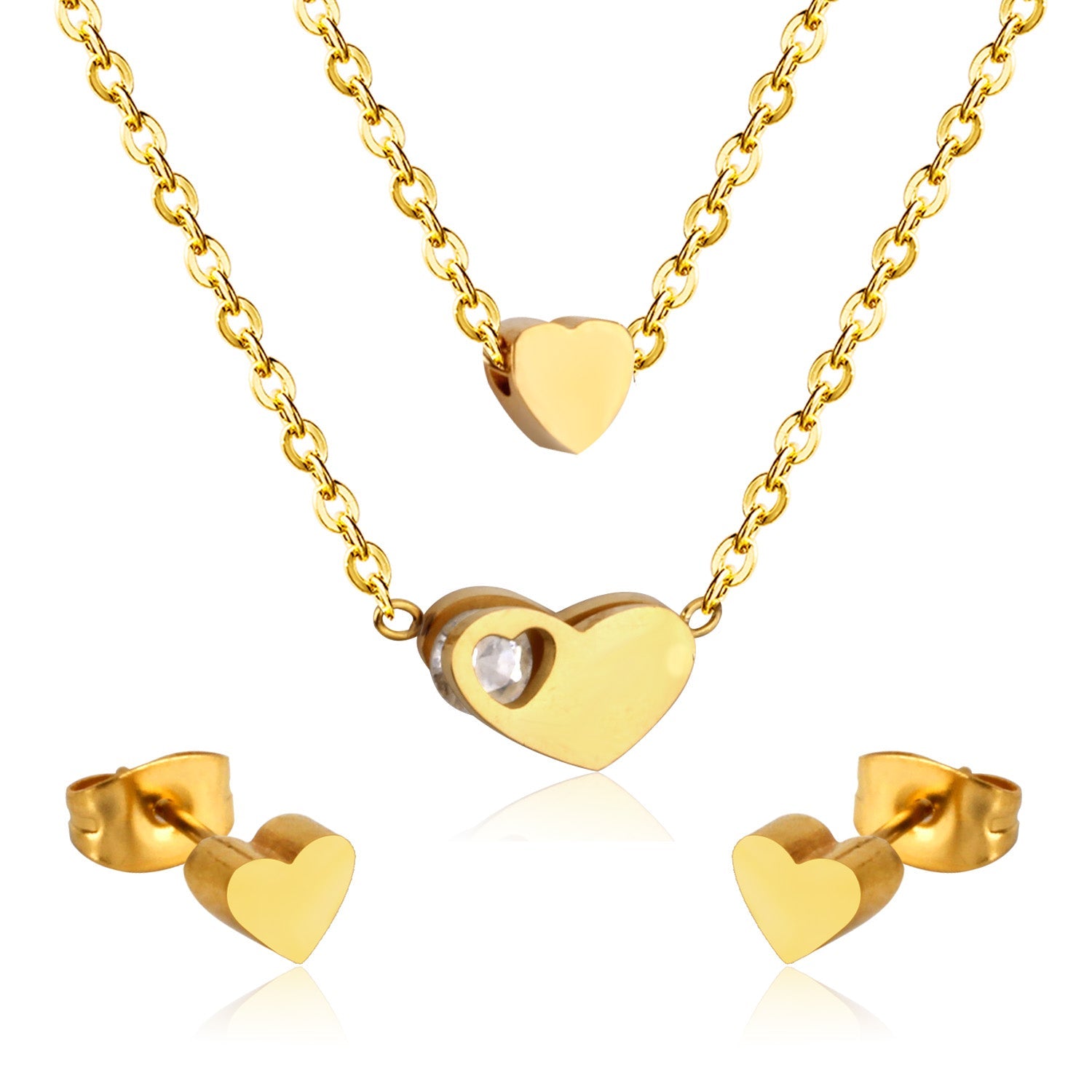 Gold/steel color glossy heart shaped double chain pendant jewelry set with diamond in the middle asonjewelry