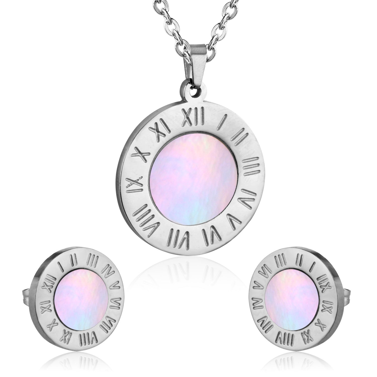 Steel/Golden Cut Glossy Etched Roman Numerals + with White Shells Set asonjewelry