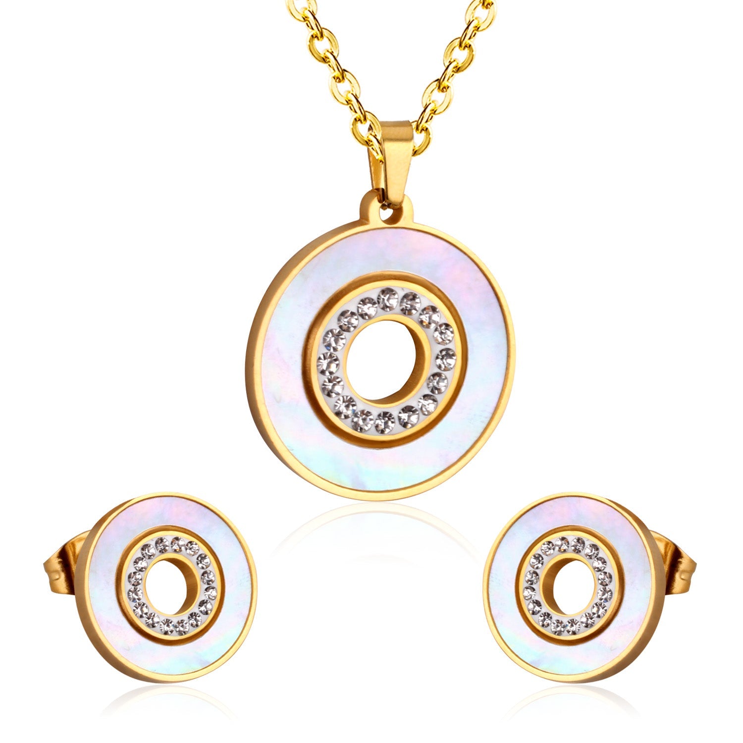 Gold/steel color white shells set with diamonds on top of circle with diamonds jewelry set asonjewelry