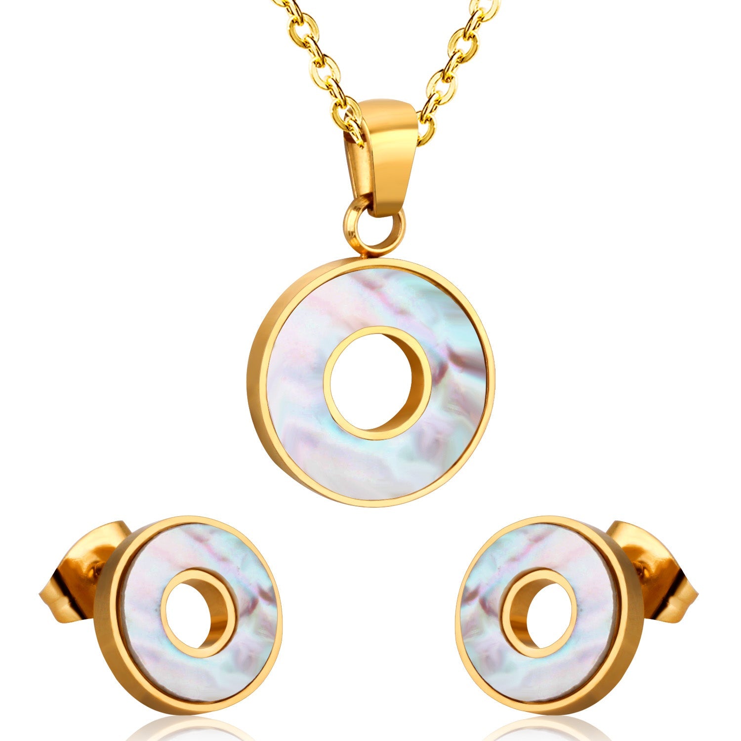 Steel/golden circle with glued circle shell jewelry set asonjewelry