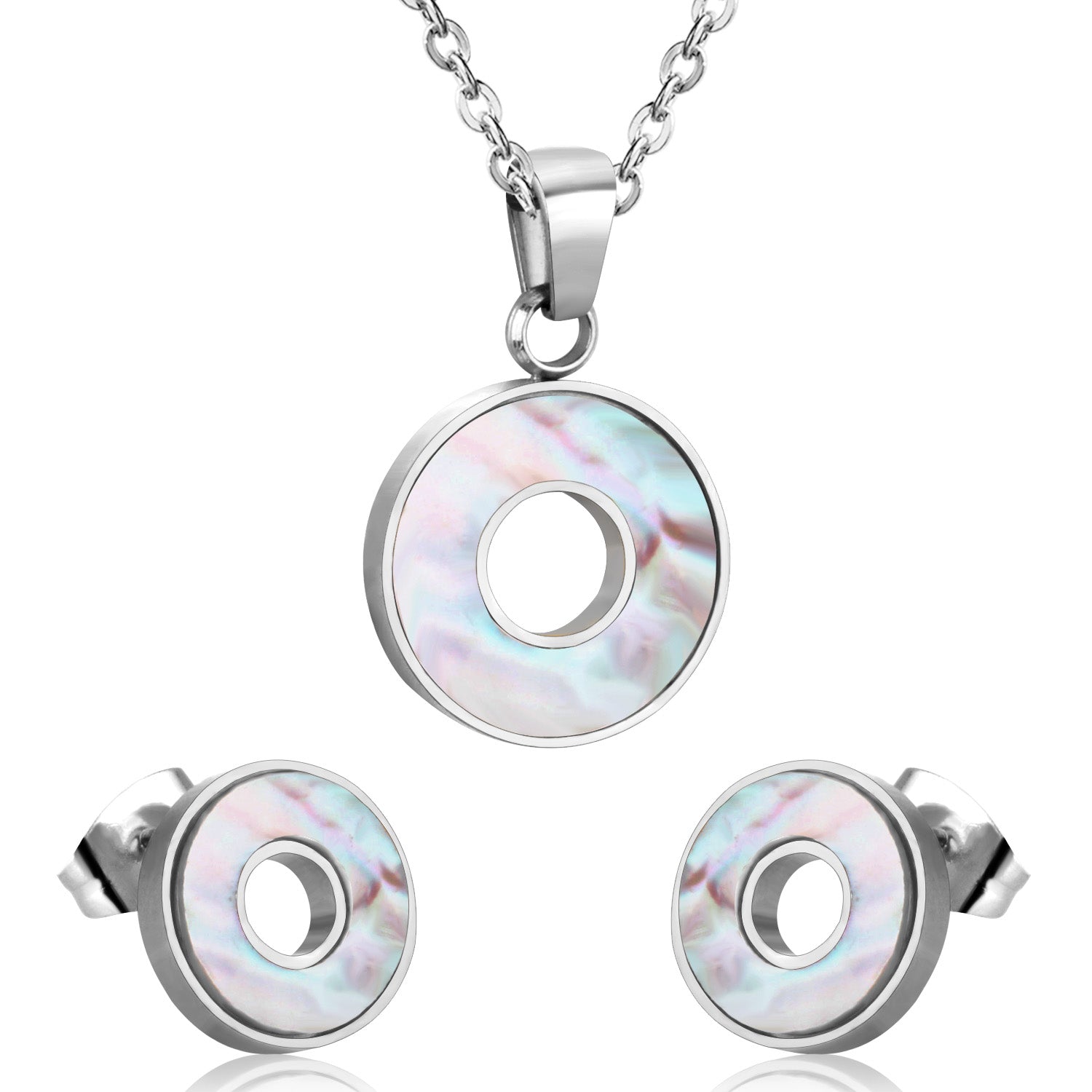 Steel/golden circle with glued circle shell jewelry set asonjewelry