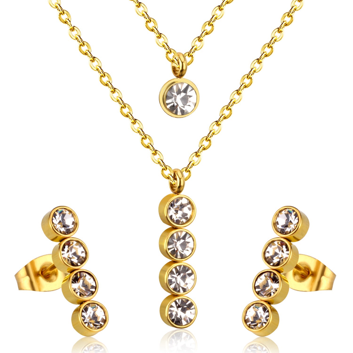 Steel/Gold Double Chain Pendant Set with Diamonds asonjewelry