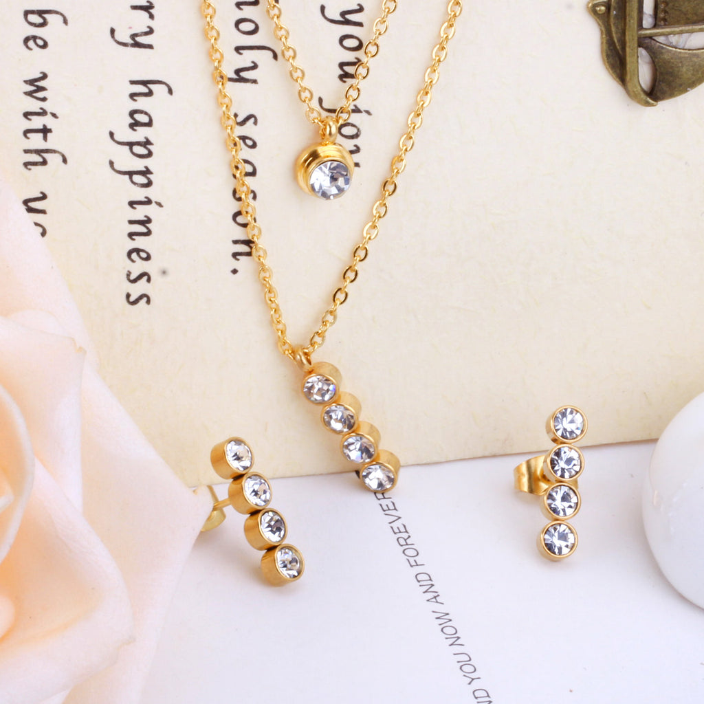 Steel/Gold Double Chain Pendant Set with Diamonds