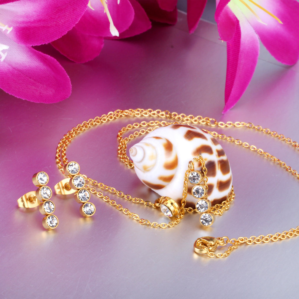 Steel/Gold Double Chain Pendant Set with Diamonds