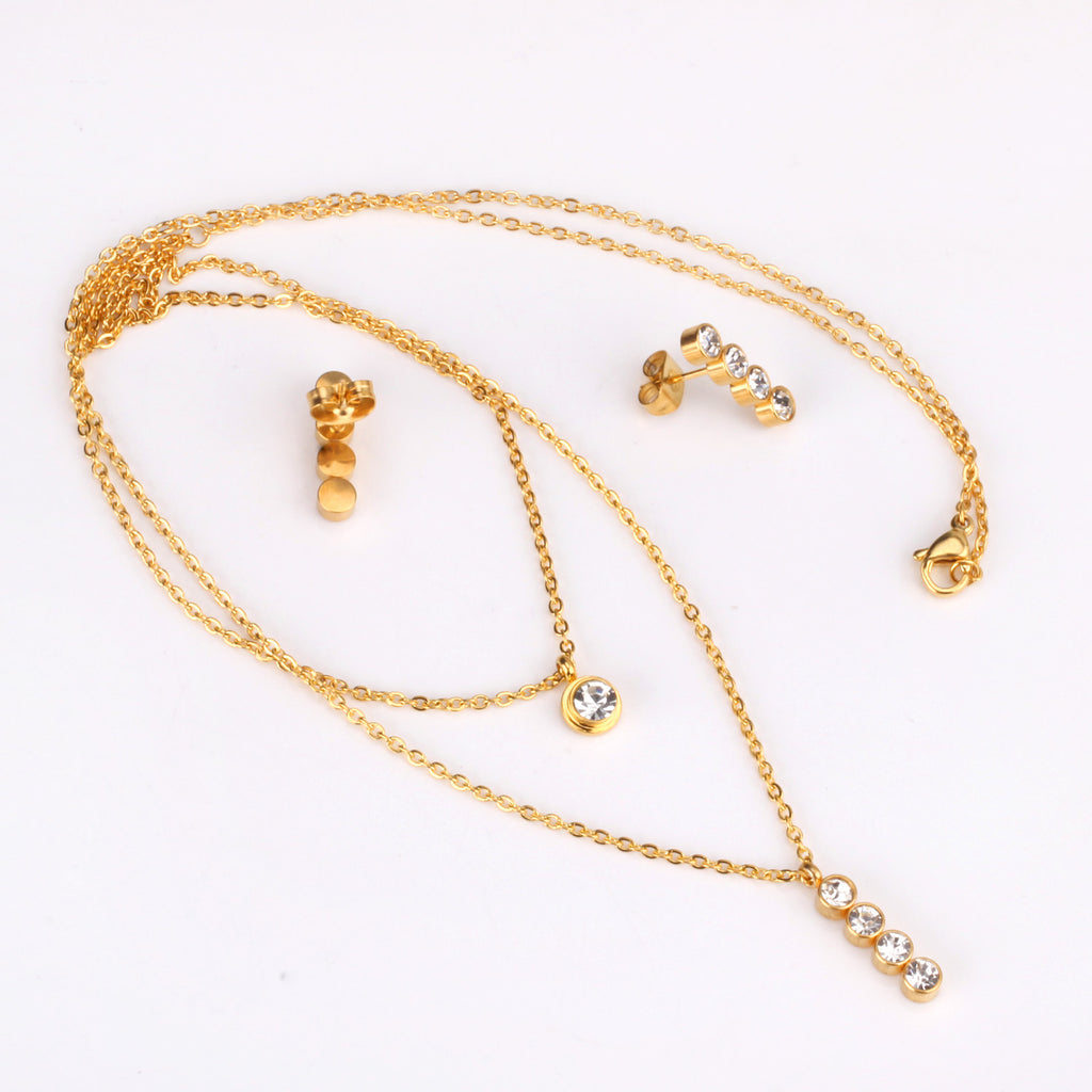 Steel/Gold Double Chain Pendant Set with Diamonds