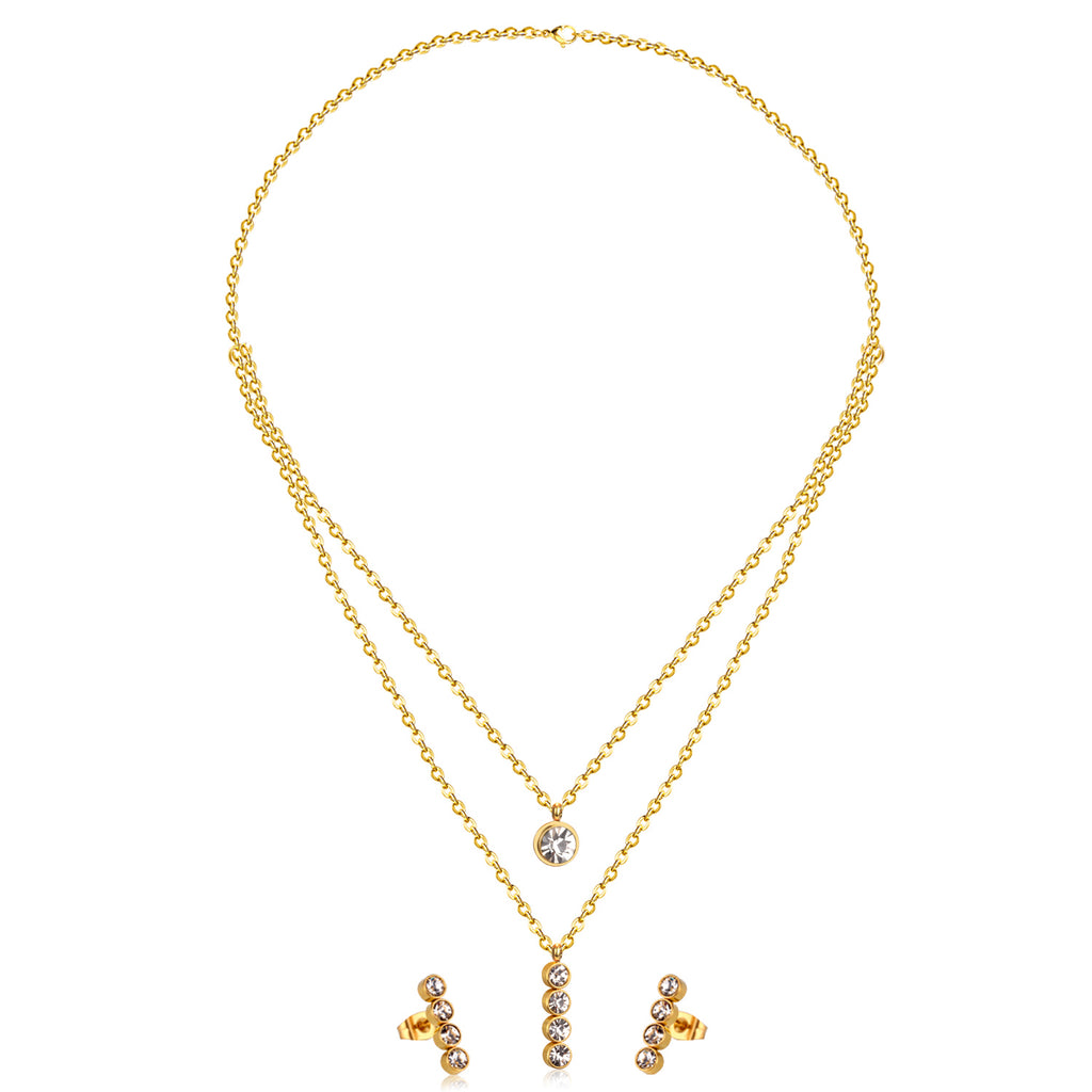 Steel/Gold Double Chain Pendant Set with Diamonds