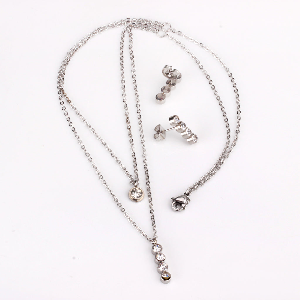 Steel/Gold Double Chain Pendant Set with Diamonds