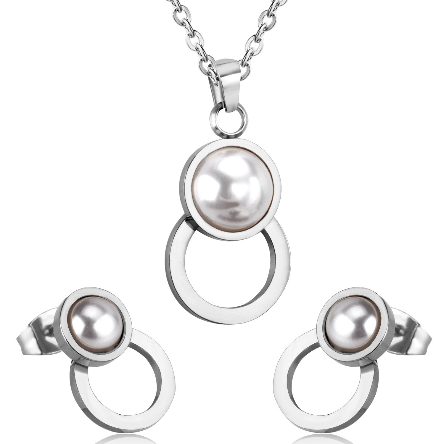 Steel/golden figure 8 shape with pearl + wisp round jewelry set asonjewelry