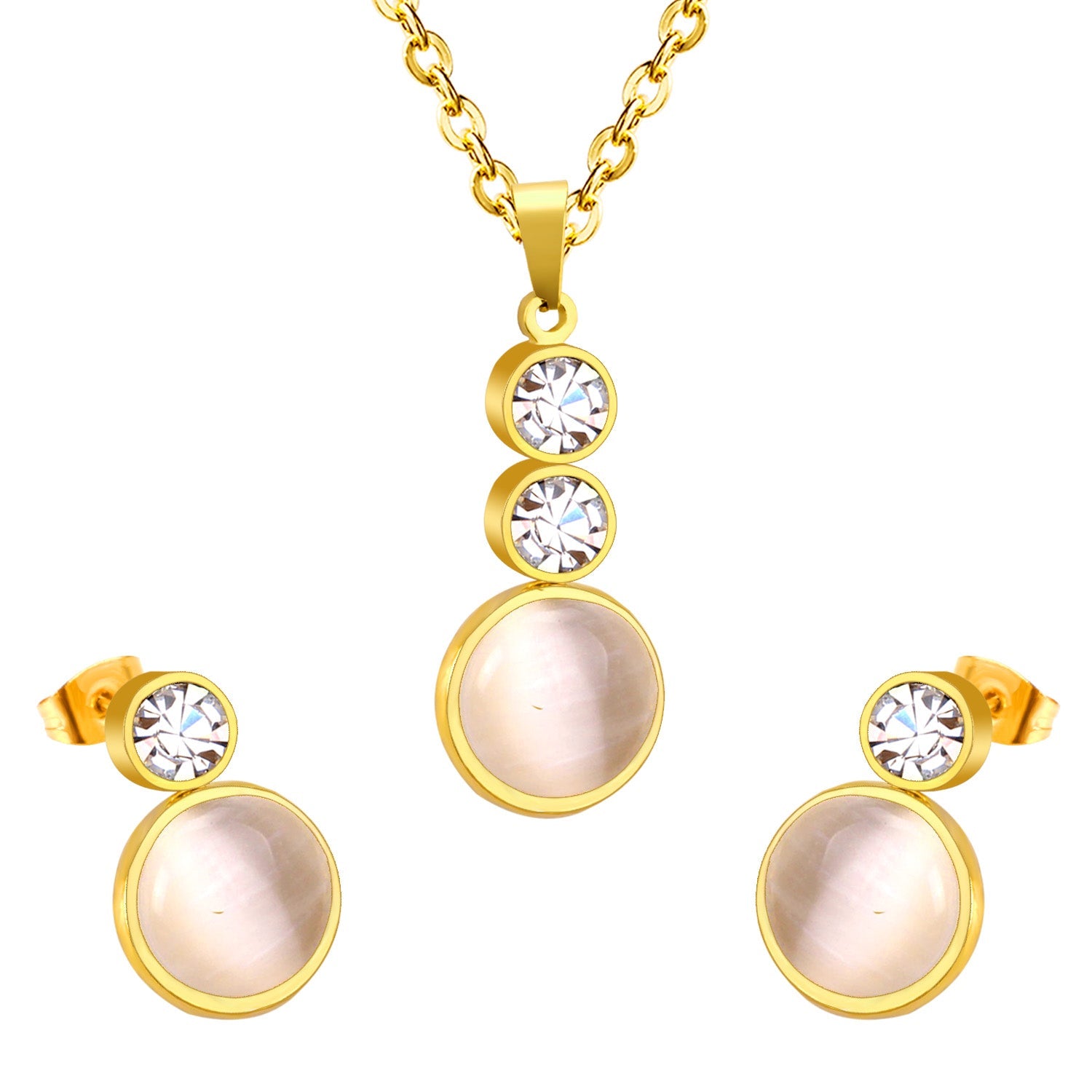 Gold/steel color sticking cat's eye stones + two small round cakes topped with diamonds jewelry set asonjewelry