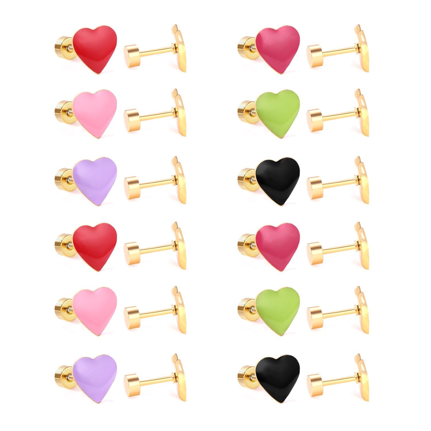 12 pairs / Gold / Steel Heart Mixed Color Screwback Earrings asonjewelry