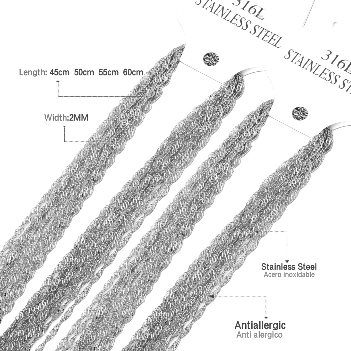 ASON 10pcs / 2mm*45cm 50cm 55cm 60cm Stainless Steel Chain with Ripple Shape asonjewelry