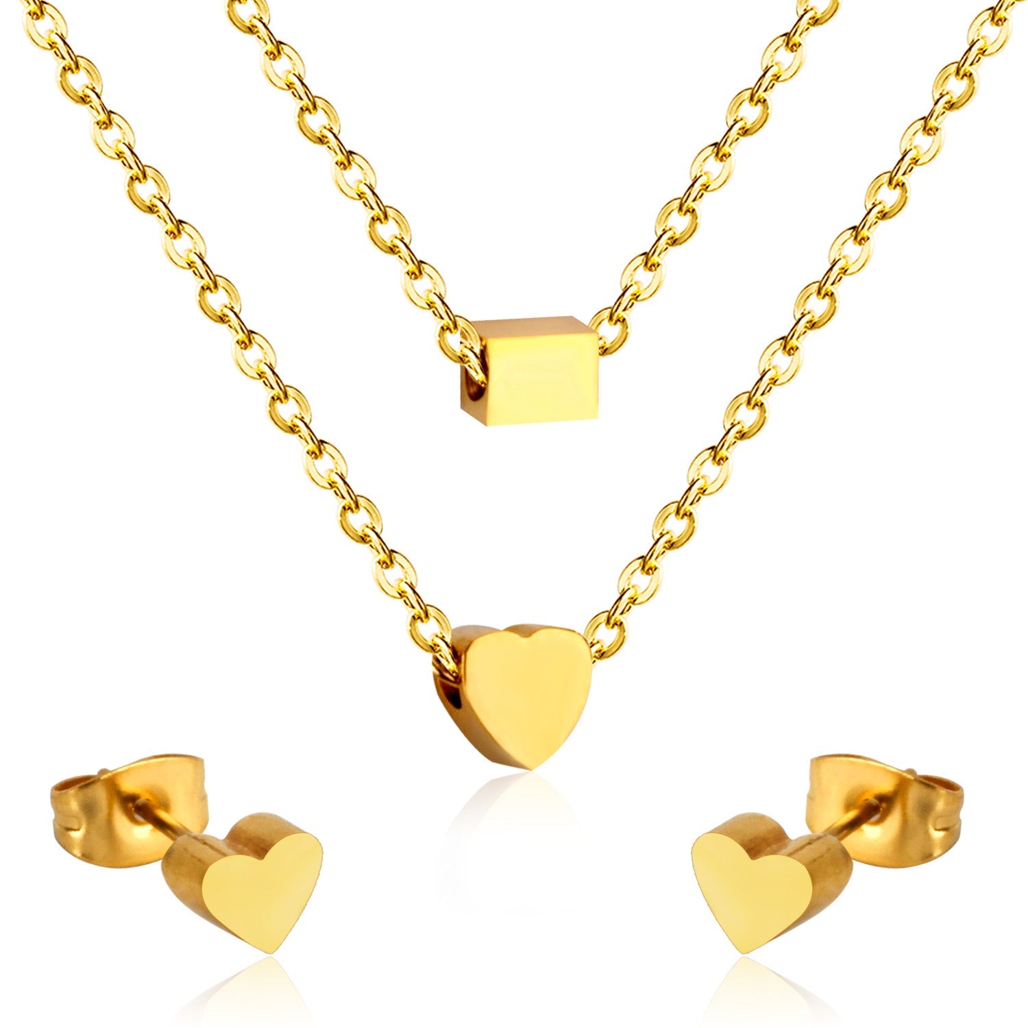 Gold/steel two-chain pendant jewelry set with rectangle and heart shapes asonjewelry