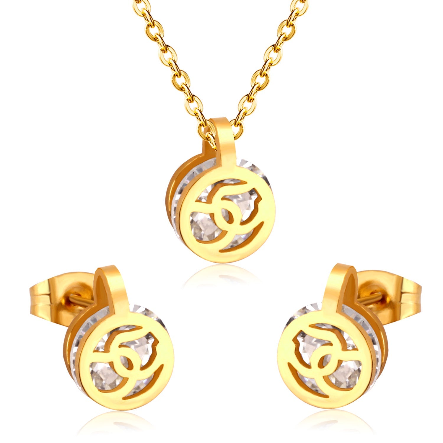 Gold/Steel Round Pendant Jewelry Set with Zirconia asonjewelry