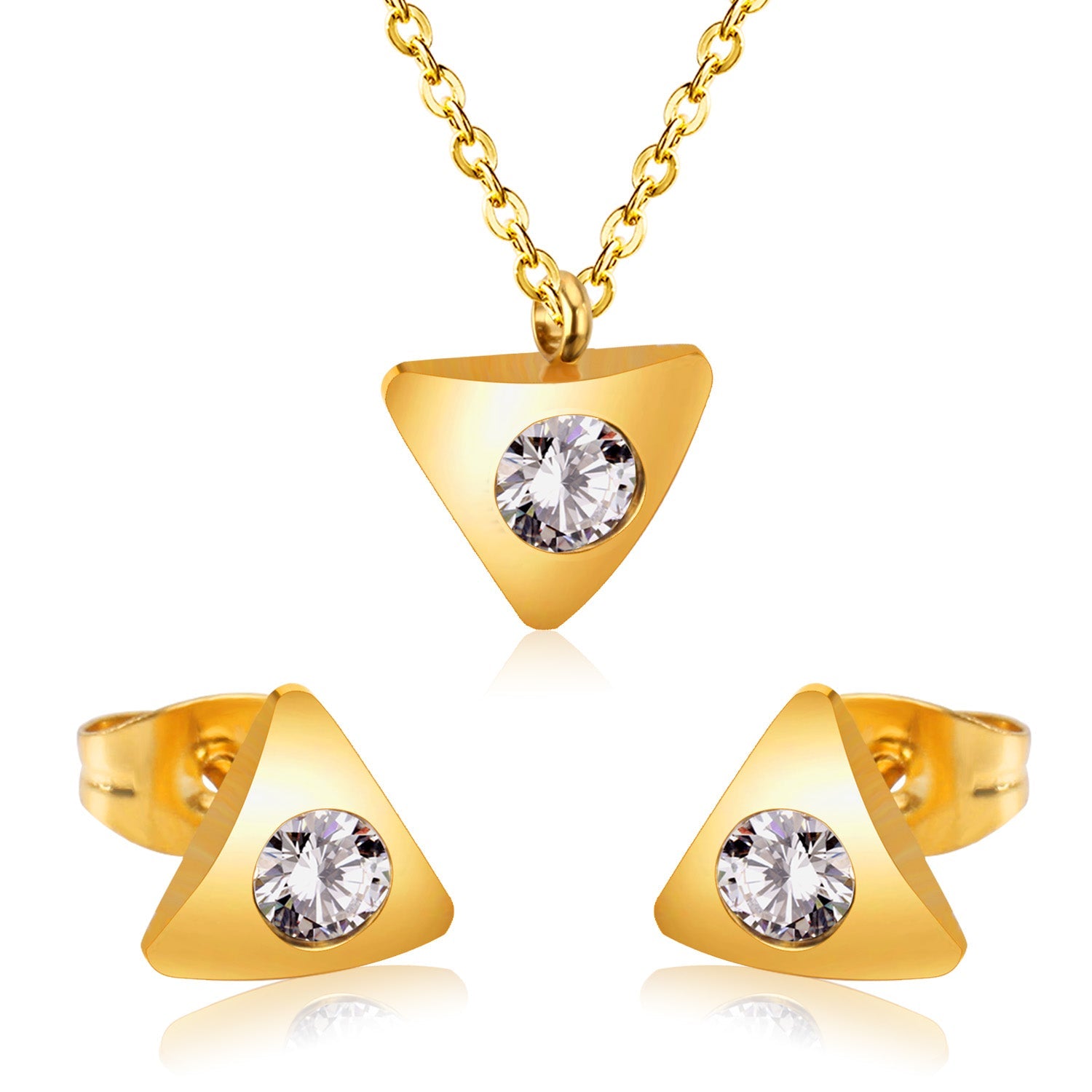 Gold/steel triangle jewelry set with diamond in the center asonjewelry