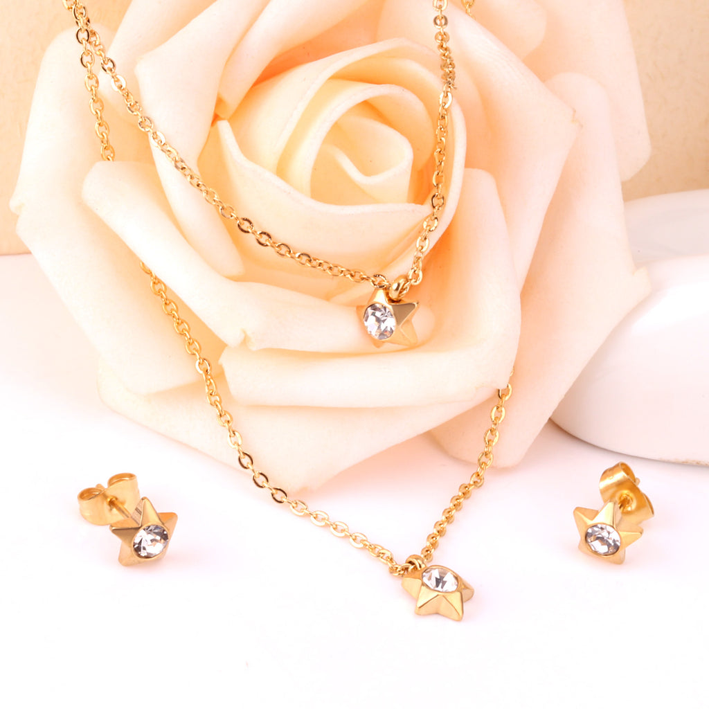 Steel/Golden Pentagram Double Chain Pendant Set with Diamonds