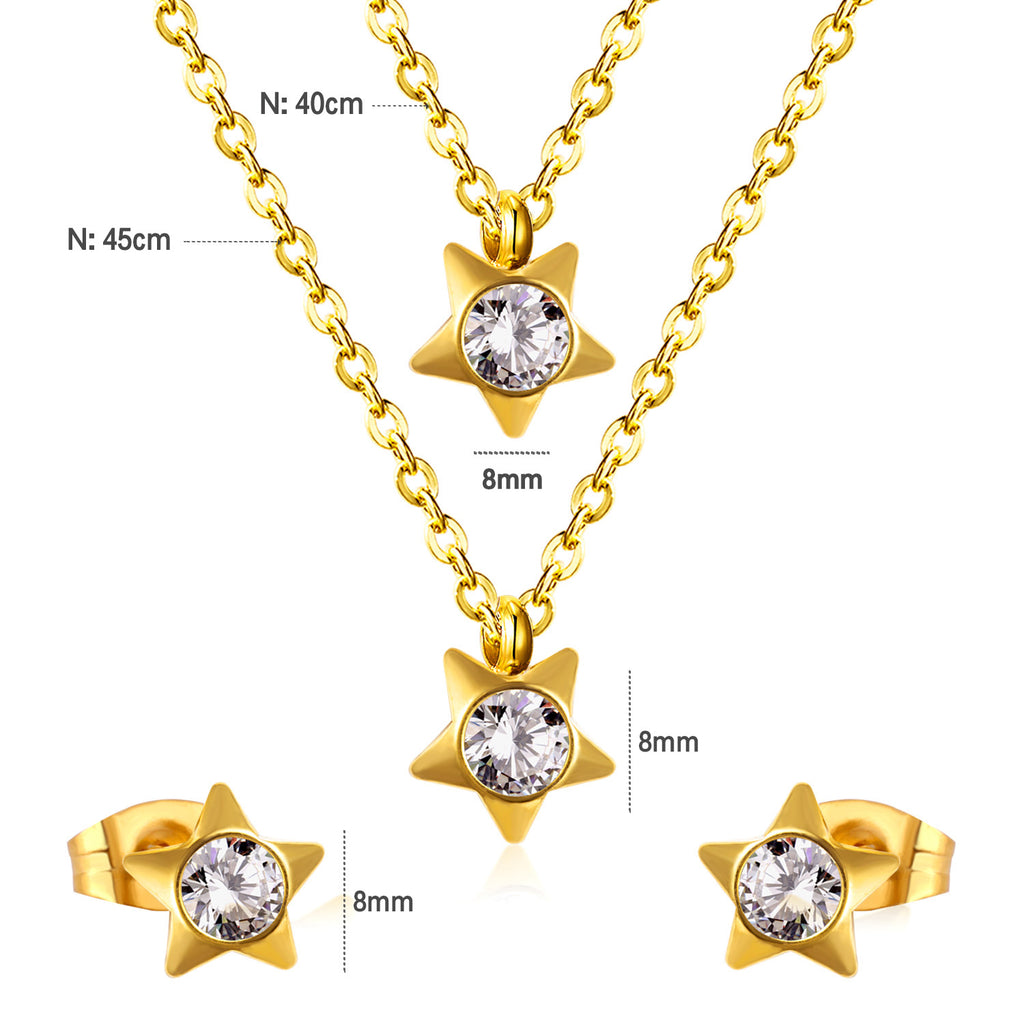 Steel/Golden Pentagram Double Chain Pendant Set with Diamonds