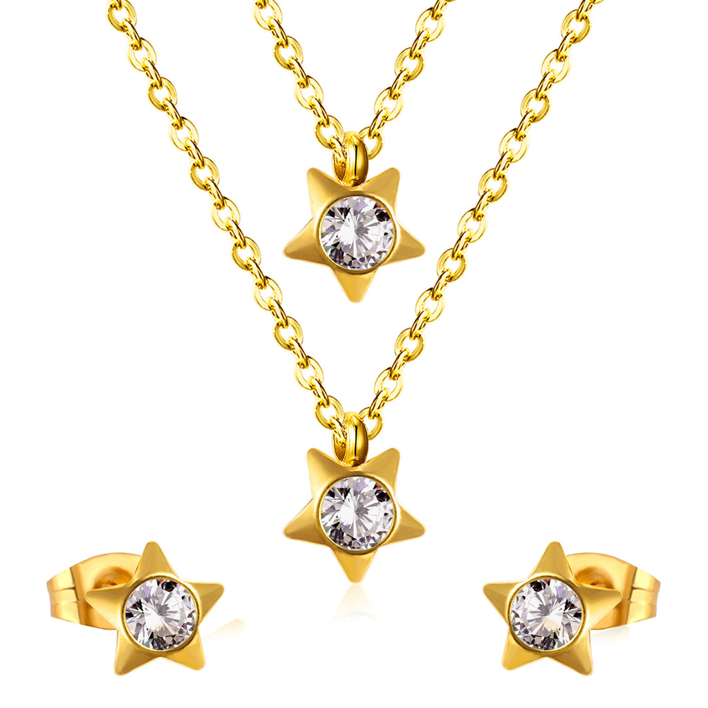 Steel/Golden Pentagram Double Chain Pendant Set with Diamonds