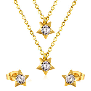 Steel/Golden Pentagram Double Chain Pendant Set with Diamonds