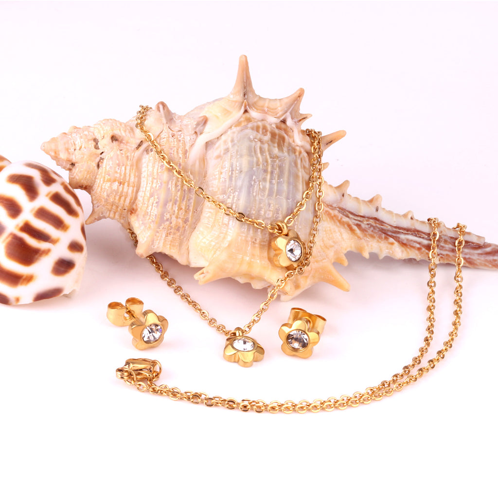 Gold/Steel Pentagram Double Chain Pendant Set with Diamonds