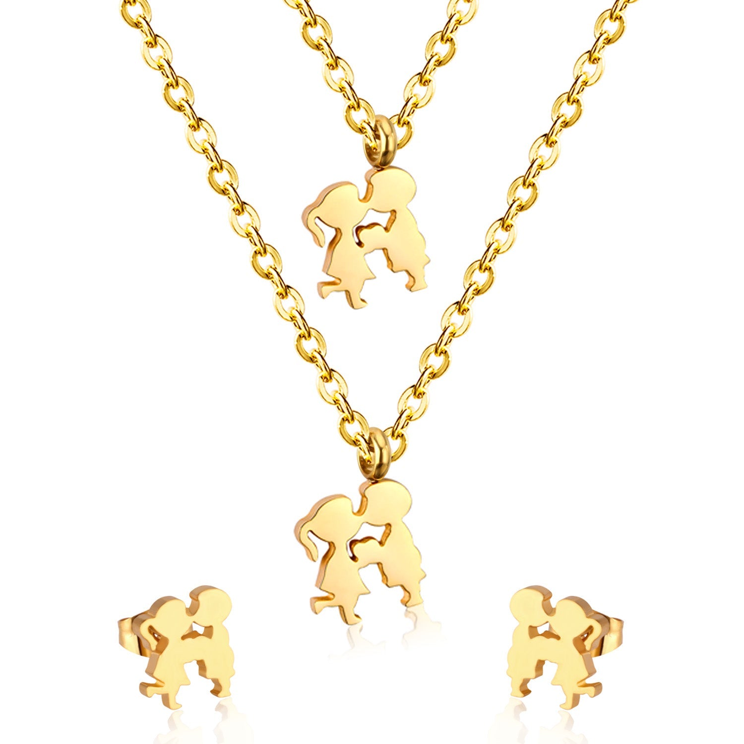 Gold/steel two children playing double chain pendant jewelry set asonjewelry