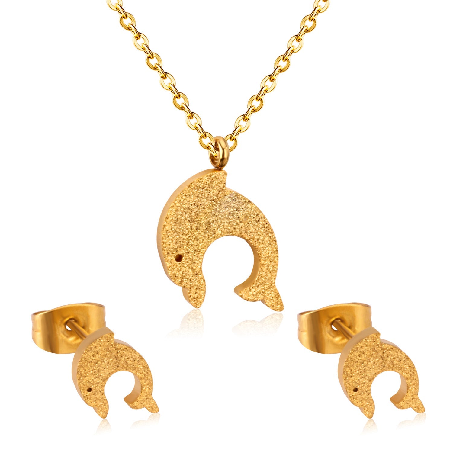 Gold/Steel Cut Dolphin Leaping Out of Water Frosted Set without Diamonds asonjewelry