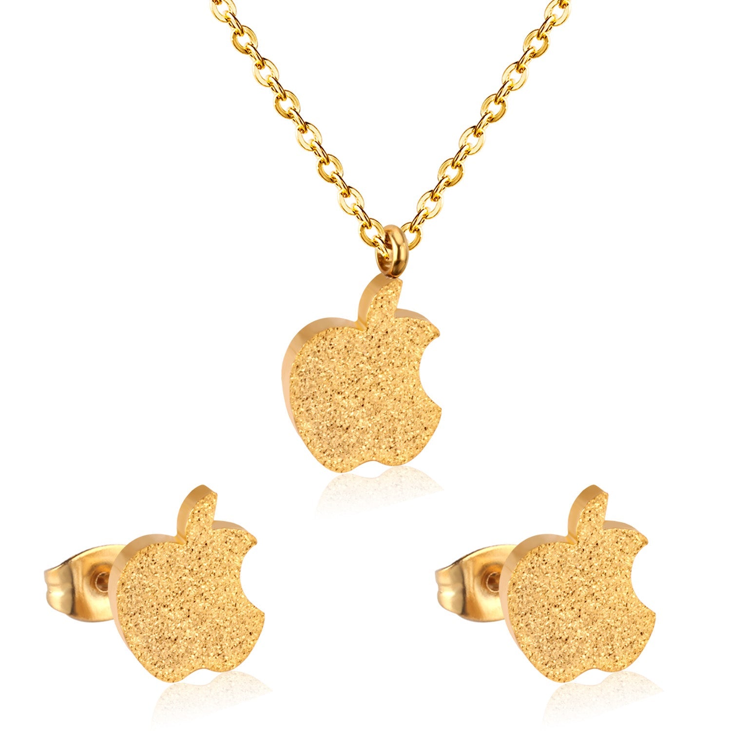 Gold/Steel Cut Apple Takes a Bite Frosted Set without Diamonds asonjewelry
