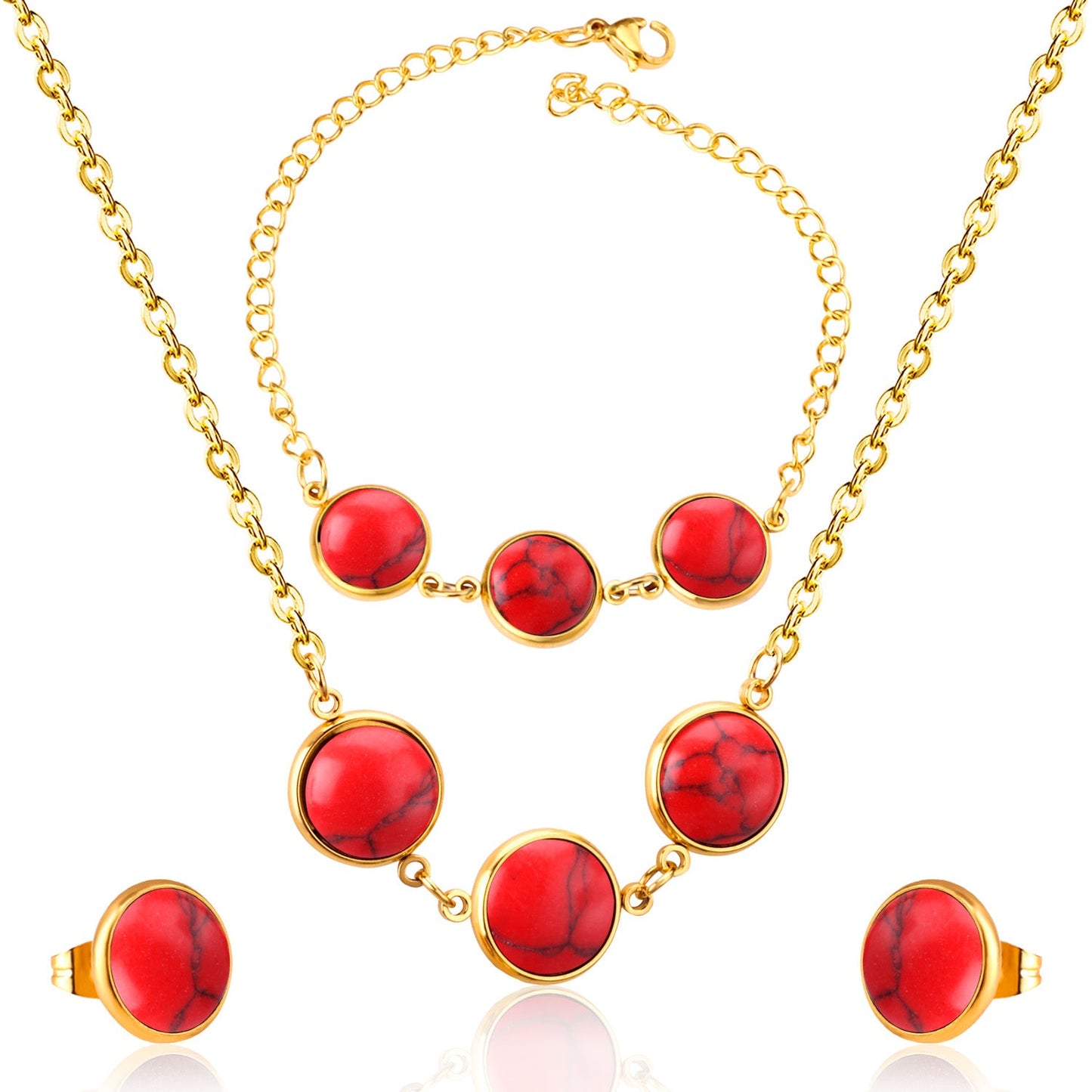 Steel/Gold Deep Red Chrysoberyl/Blue Turquoise/Red Turquoise + Bracelet Jewelry Set asonjewelry