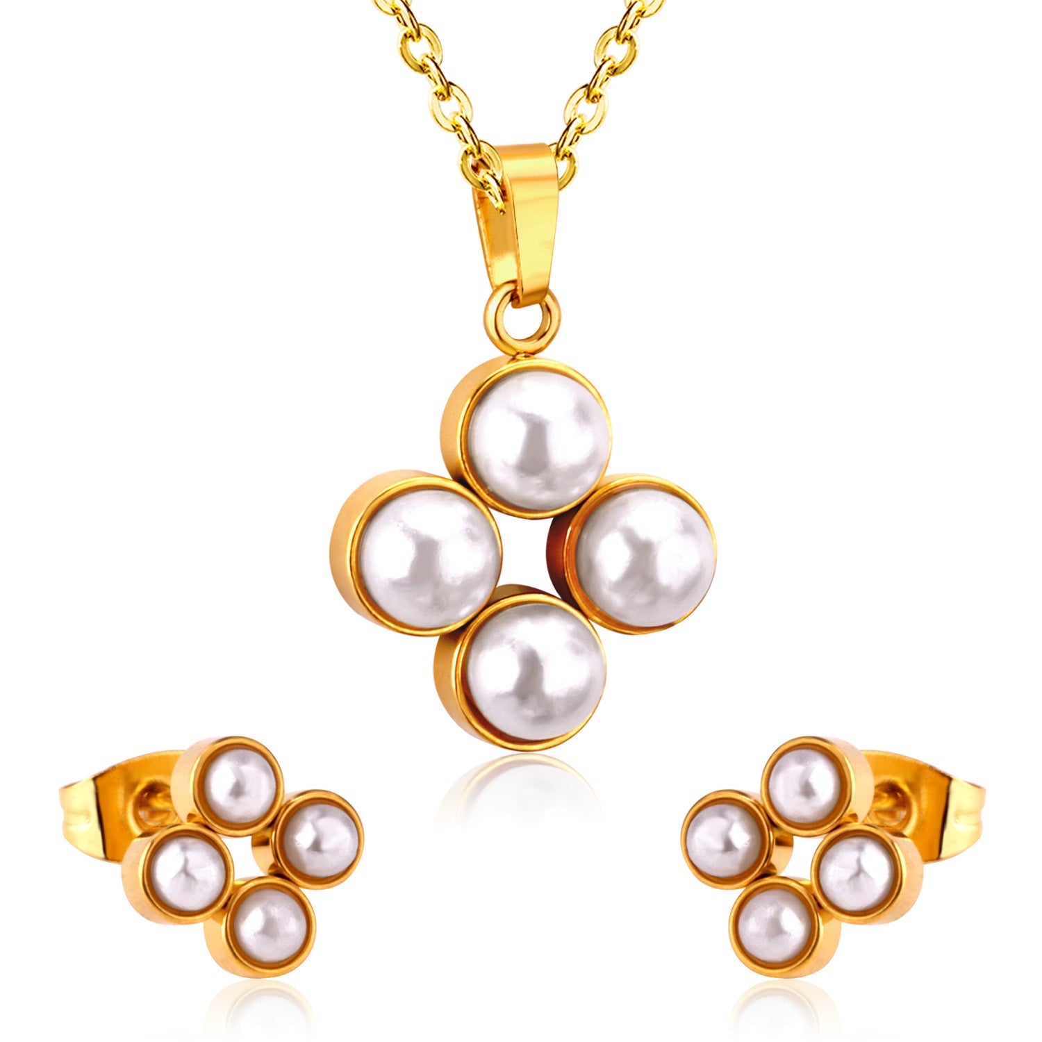 Steel/golden four-flower white pearl+diamond jewelry set asonjewelry