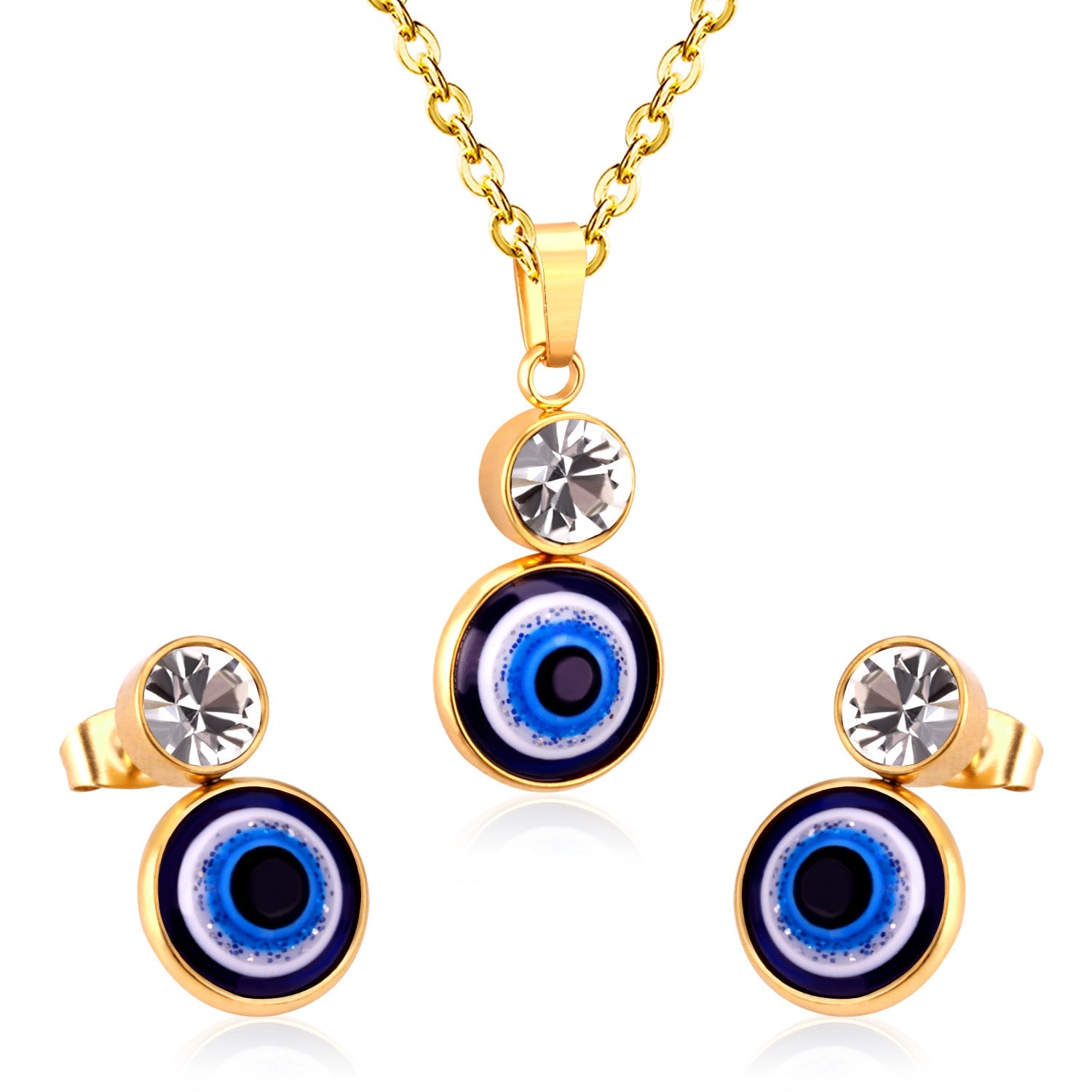 Steel/Golden Glitter Eye Pendant Jewelry Set with Diamonds asonjewelry