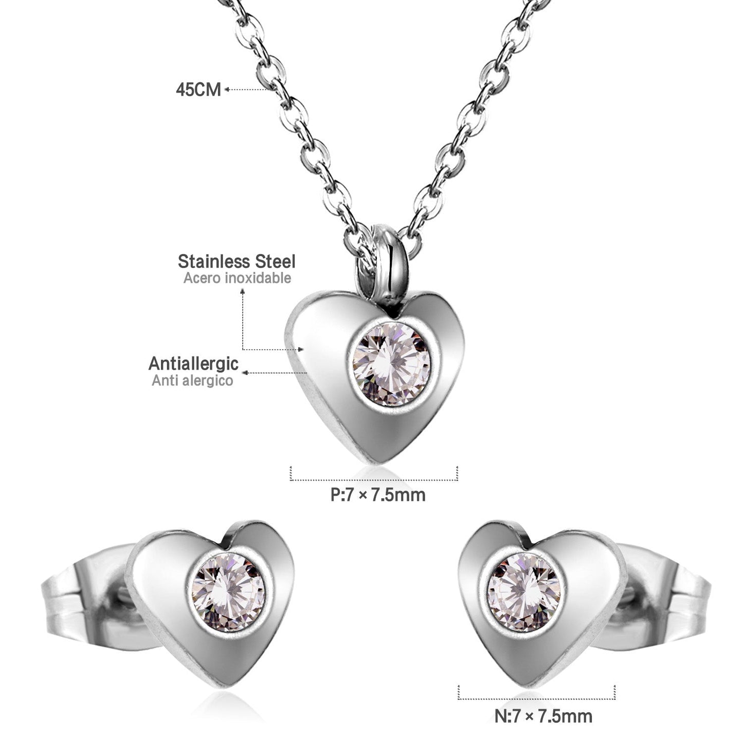 Gold/Steel Heart Jewelry Set with Diamonds in the Middle asonjewelry