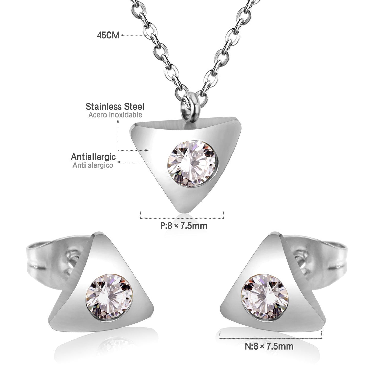 Gold/steel triangle jewelry set with diamond in the center asonjewelry
