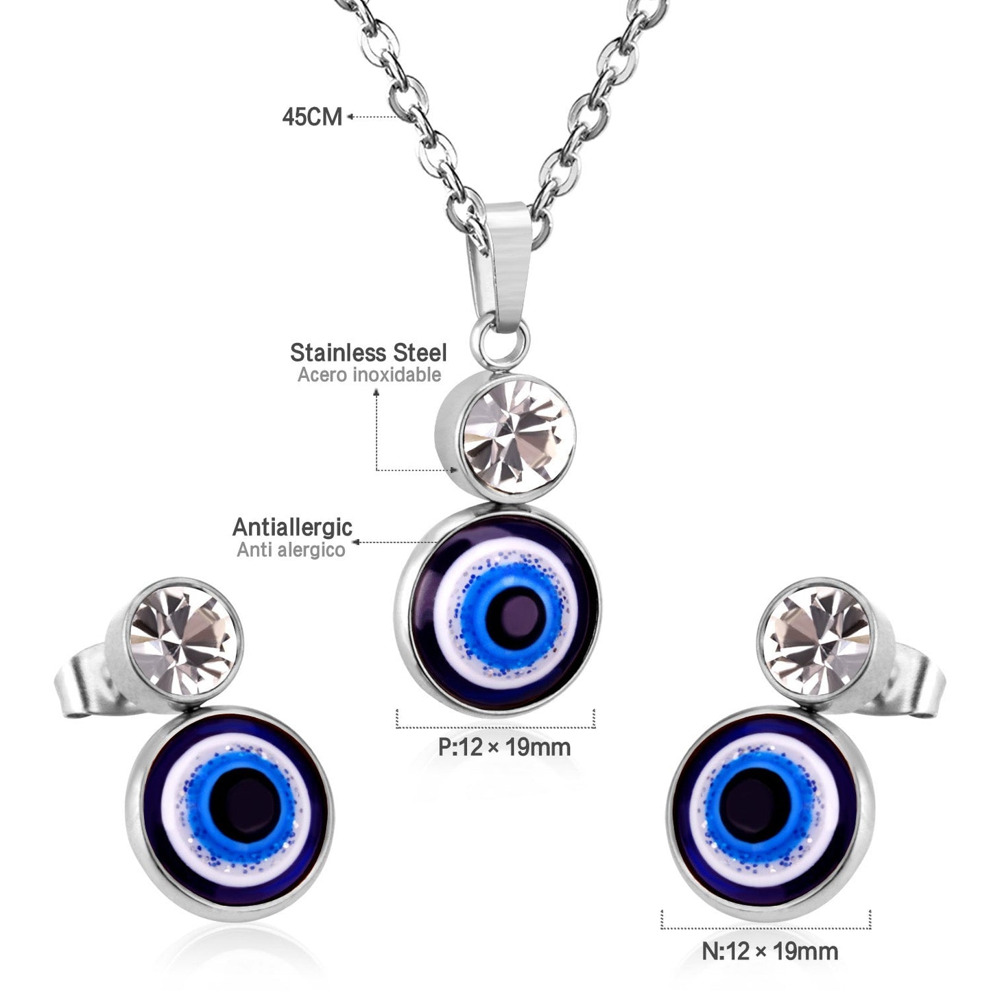 Steel/Golden Glitter Eye Pendant Jewelry Set with Diamonds asonjewelry