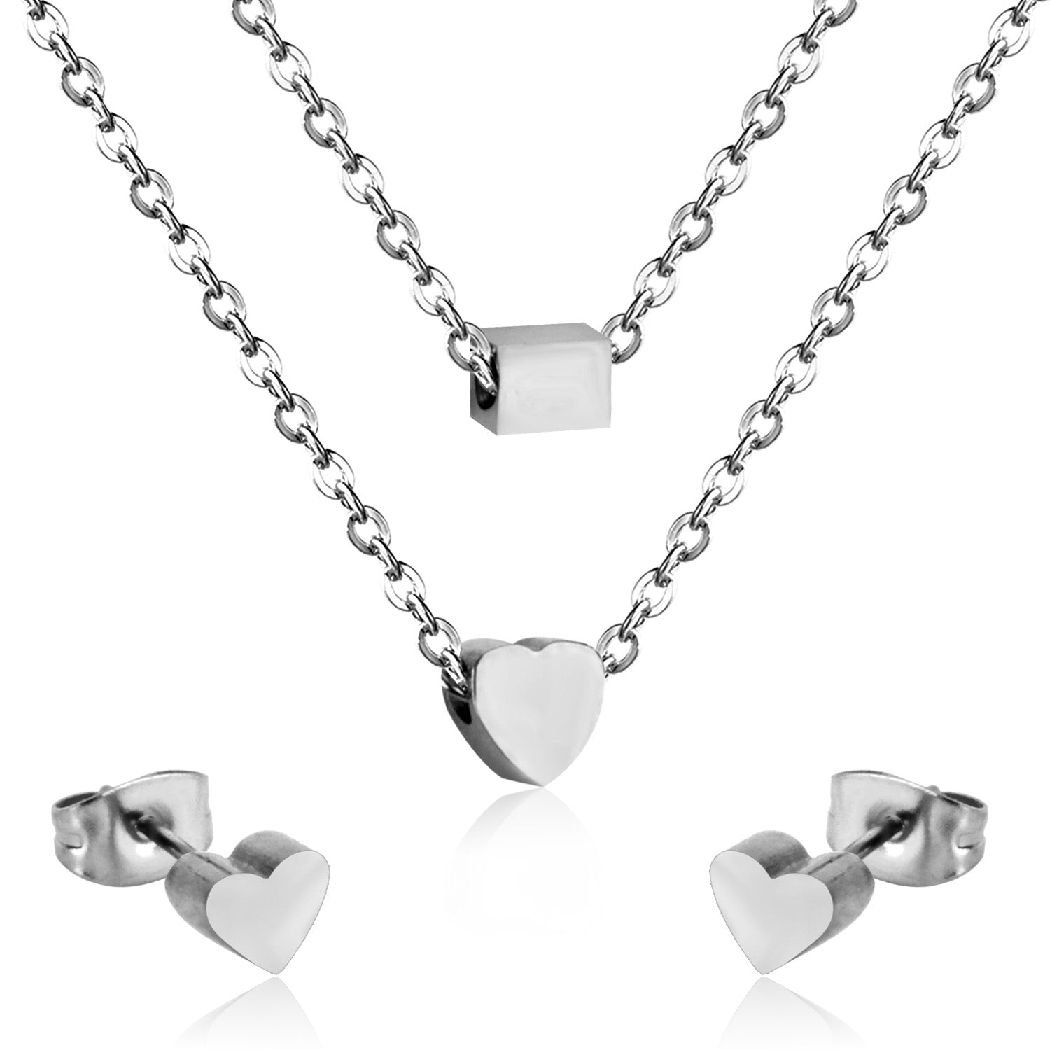 Gold/steel two-chain pendant jewelry set with rectangle and heart shapes asonjewelry