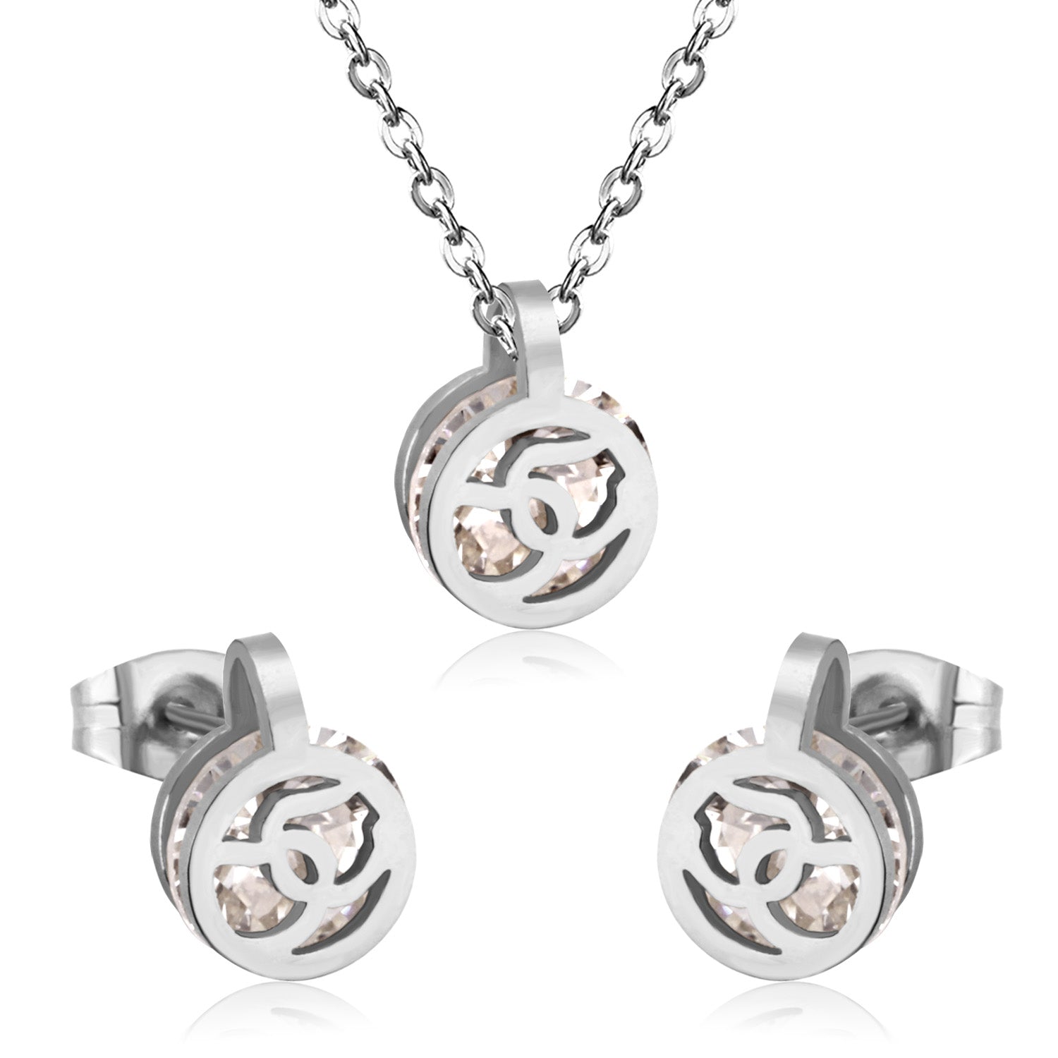 Gold/Steel Round Pendant Jewelry Set with Zirconia asonjewelry