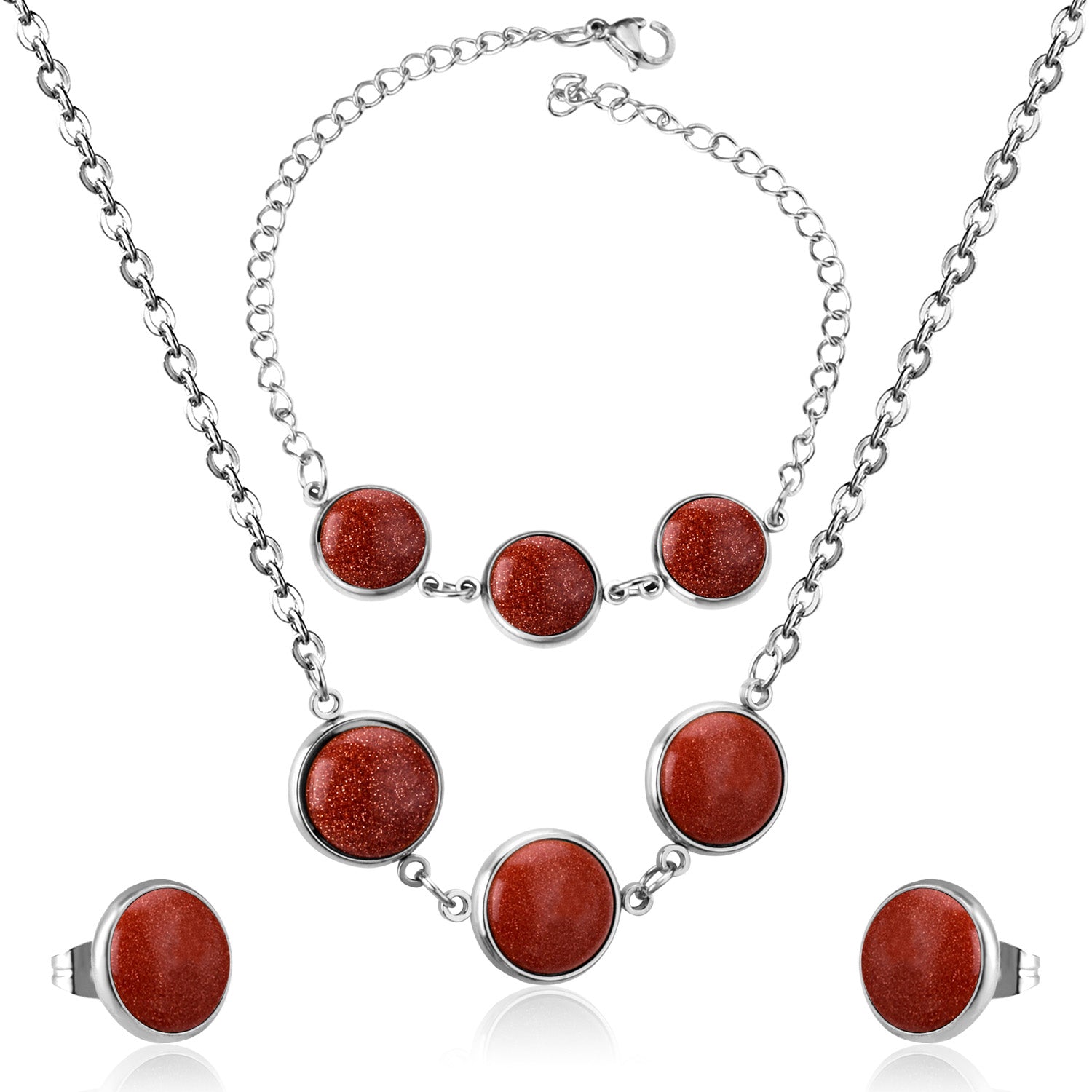 Steel/Gold Deep Red Chrysoberyl/Blue Turquoise/Red Turquoise + Bracelet Jewelry Set asonjewelry