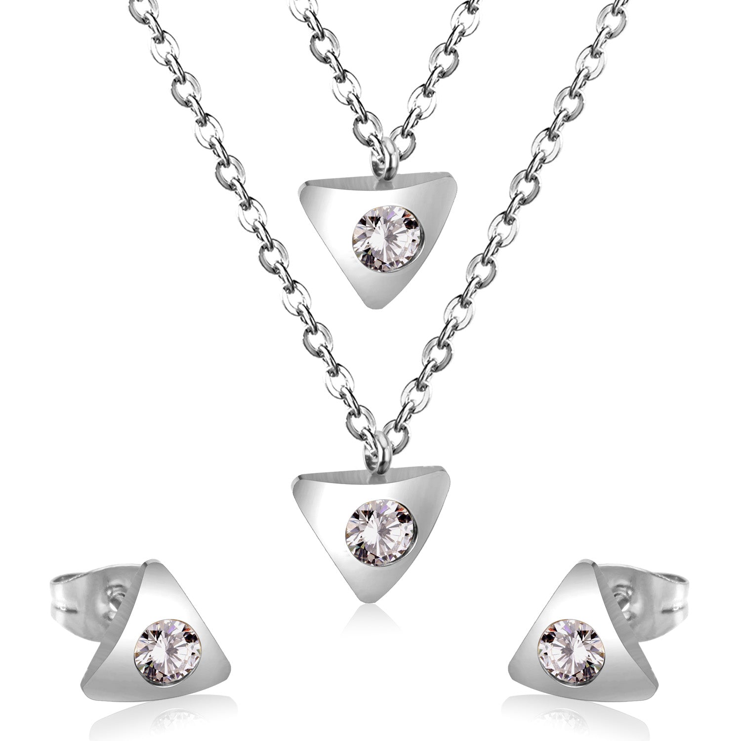 Gold/steel triangle double chain pendant set with diamond in the middle asonjewelry