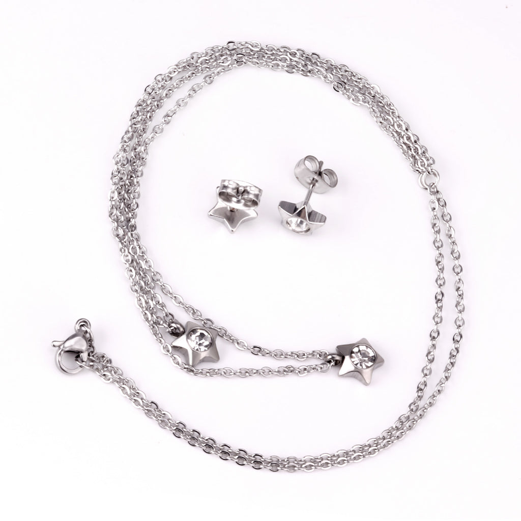 Steel/Golden Pentagram Double Chain Pendant Set with Diamonds