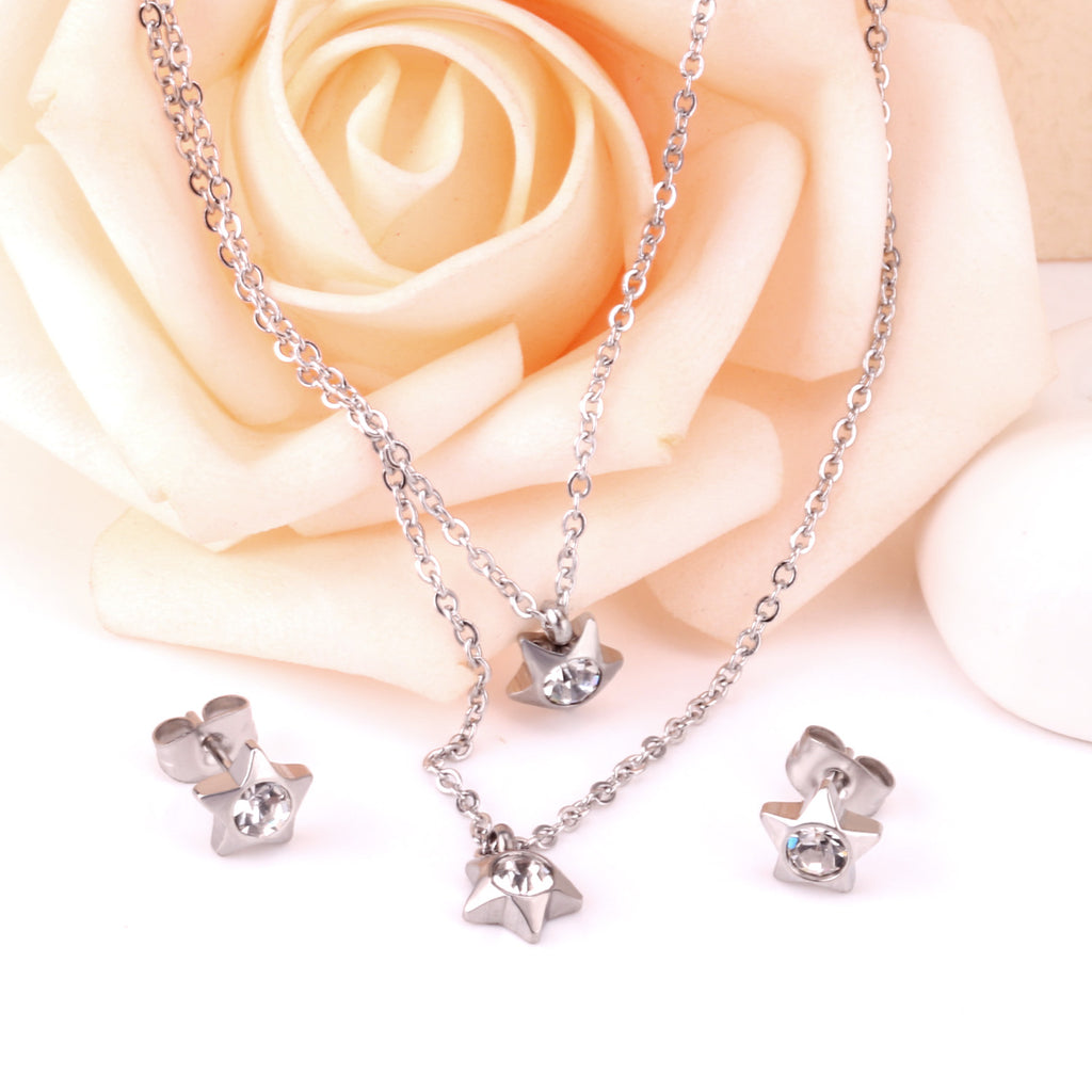 Steel/Golden Pentagram Double Chain Pendant Set with Diamonds