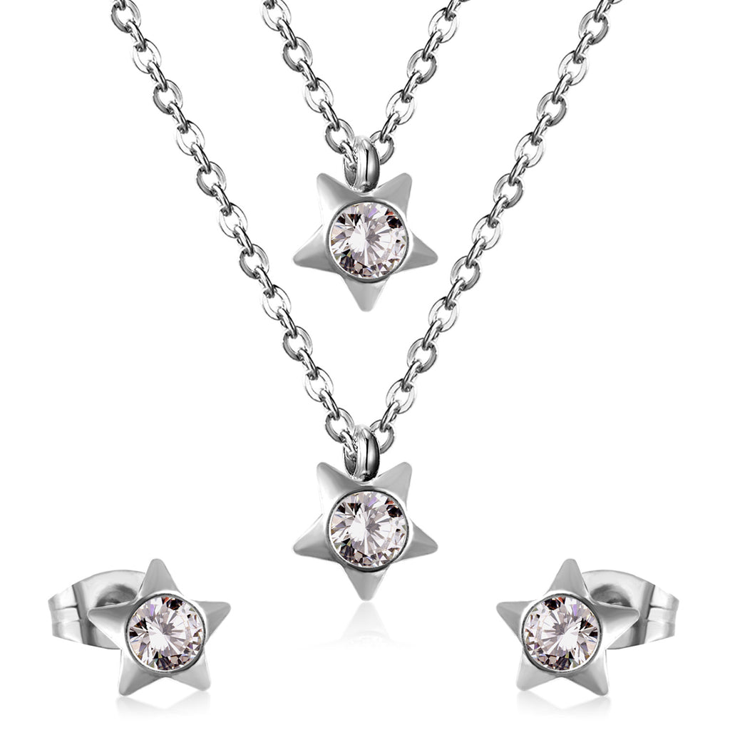 Steel/Golden Pentagram Double Chain Pendant Set with Diamonds