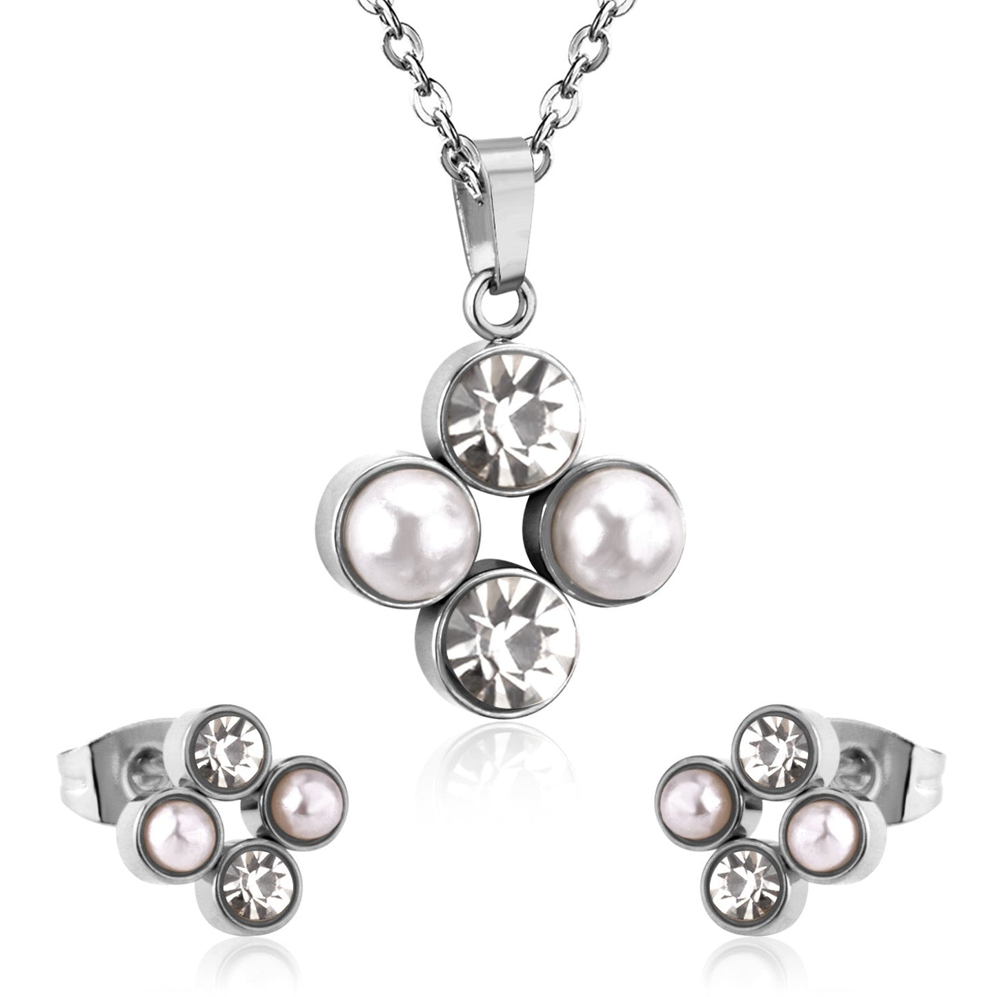 Steel/golden four-flower white pearl+diamond jewelry set asonjewelry