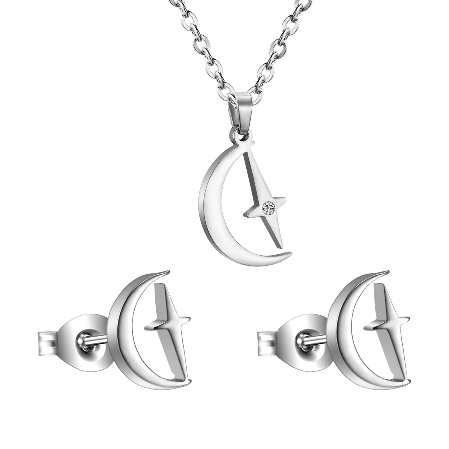 Gold/steel moon and stars at the same time cut jewelry set with diamonds asonjewelry