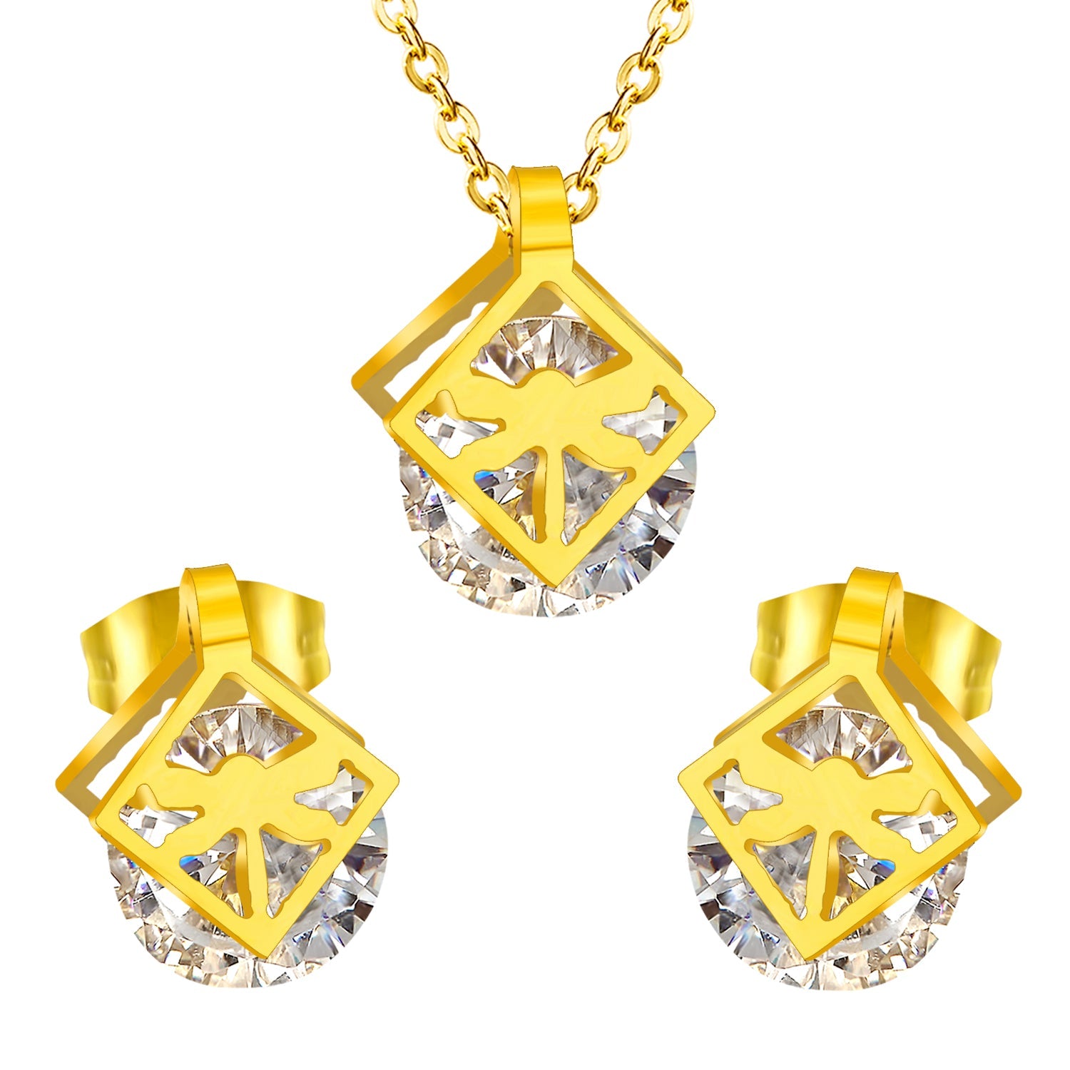Gold/steel set with zirconia + two wispy dragonfly shapes wrapped in squares asonjewelry