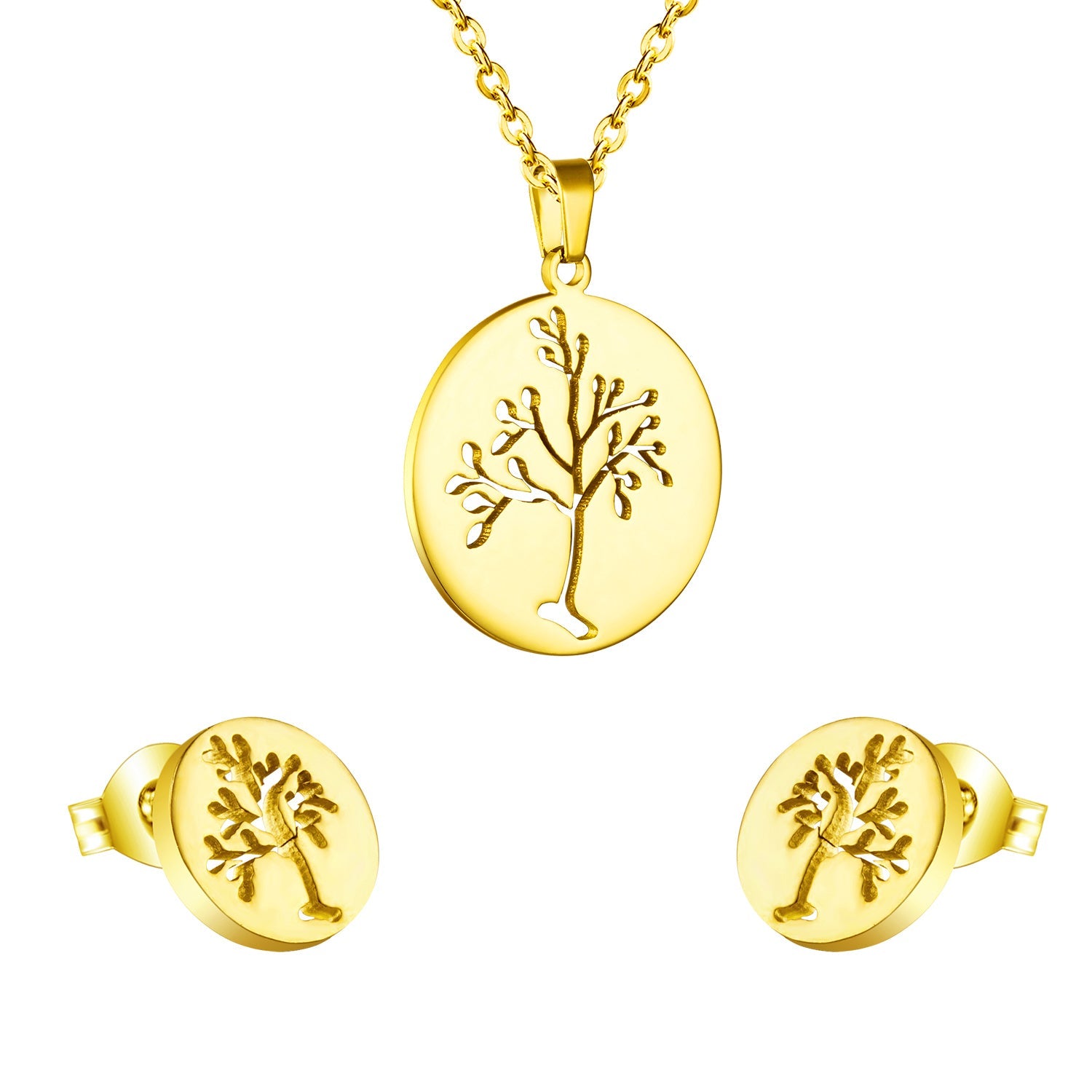 Gold/steel jewelry set with a beautiful tree look realized by cutting process asonjewelry