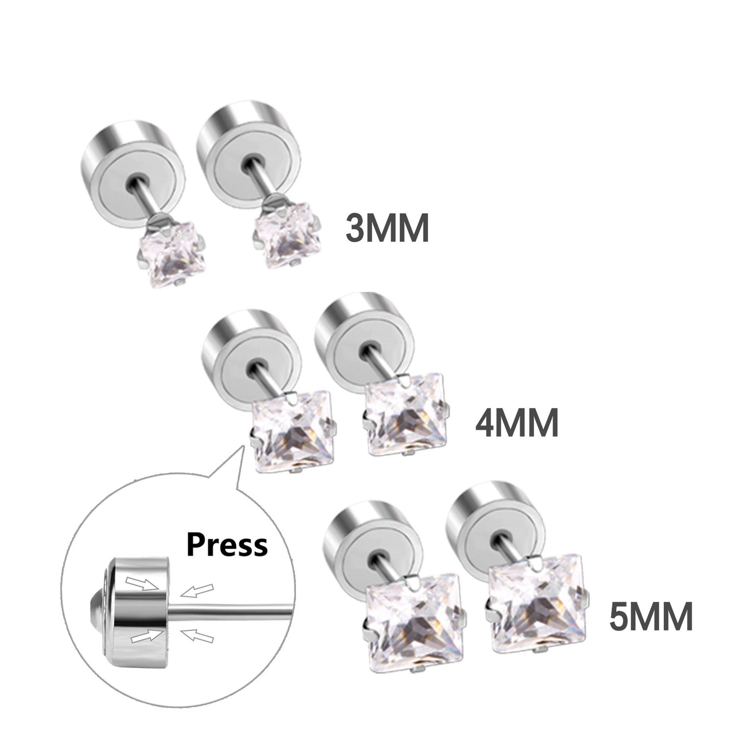 3mm - 5mm Steel Color Square Diamond Tap Plug Earrings asonjewelry