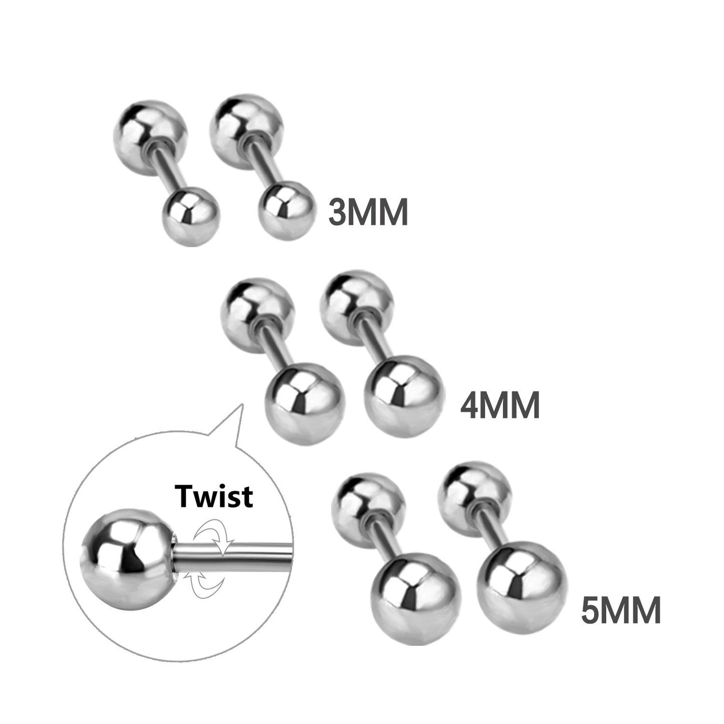 3mm - 7mm 12pc Gold Color Steel Color Steel Bead Screwback Stud Earrings asonjewelry