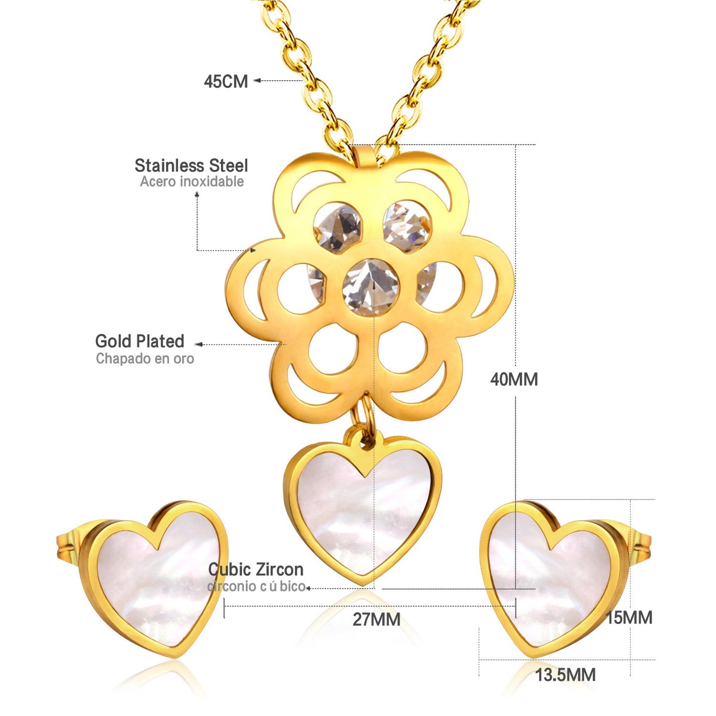 Golden Flower with Heart Pendant Surface Mounted Shells Jewelry Set asonjewelry