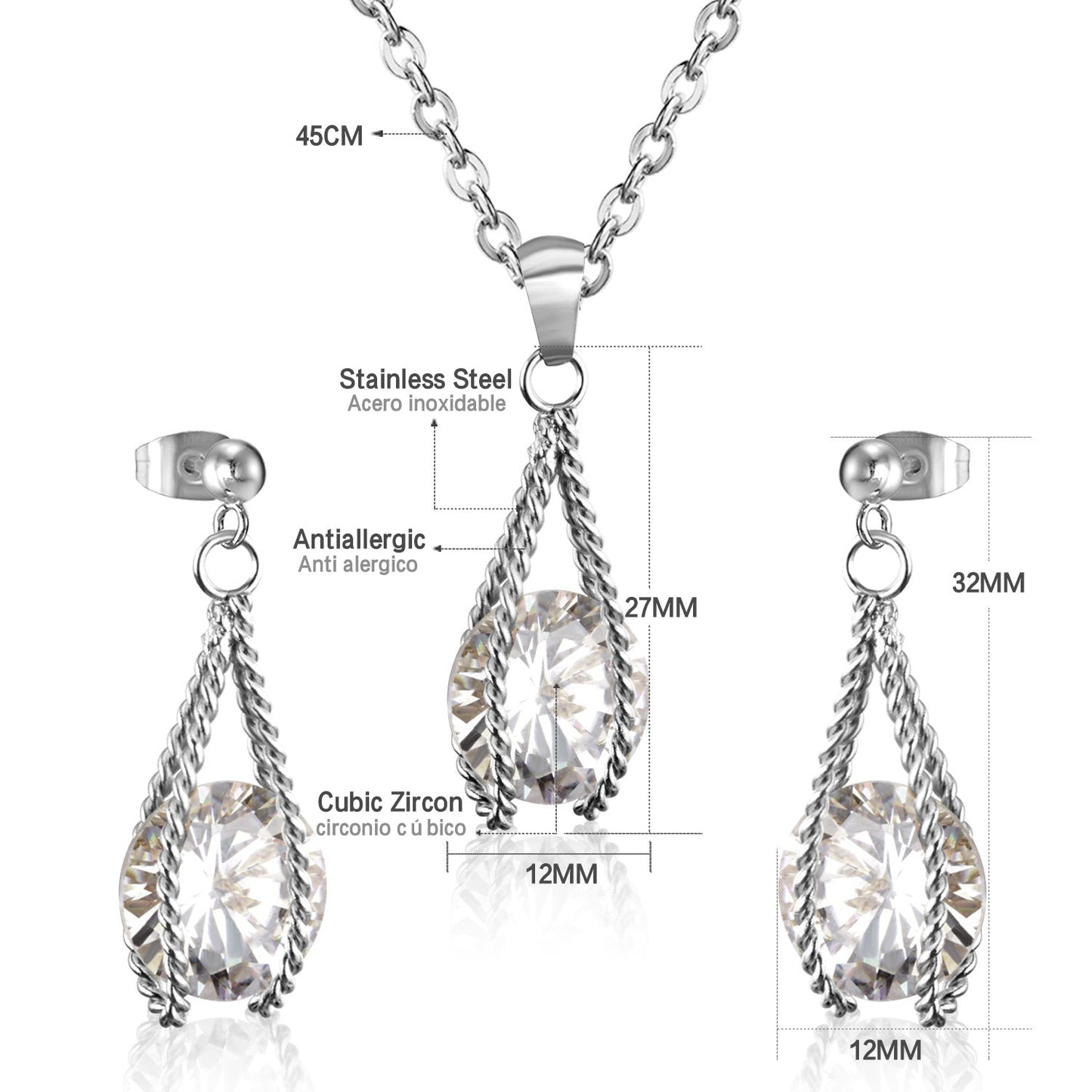 Steel/Gold Simple with Oversized Zircon Pendant Jewelry Set asonjewelry